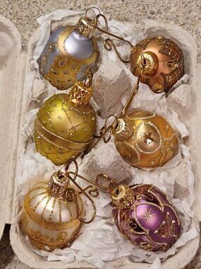6 Vintage Smith & Hawken Blown Glass Egg Christmas Ornaments w/ Brass Hooks 1